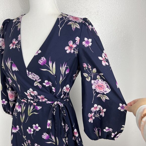 Eliza J Dress Women 4 Blue Purple Floral 3/4 Sleeve Fit Flare Surplice Casual - Picture 12 of 16